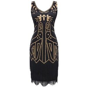 BABEYOND 1920s Flapper Dress Black Gold Sequin Beaded Fringe Gatsby Art Deco NWT